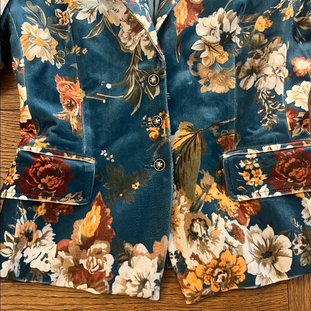 Vintage inspired Floral Velvet Blazer Jacket - Teal size Small - Picture 4 of 9